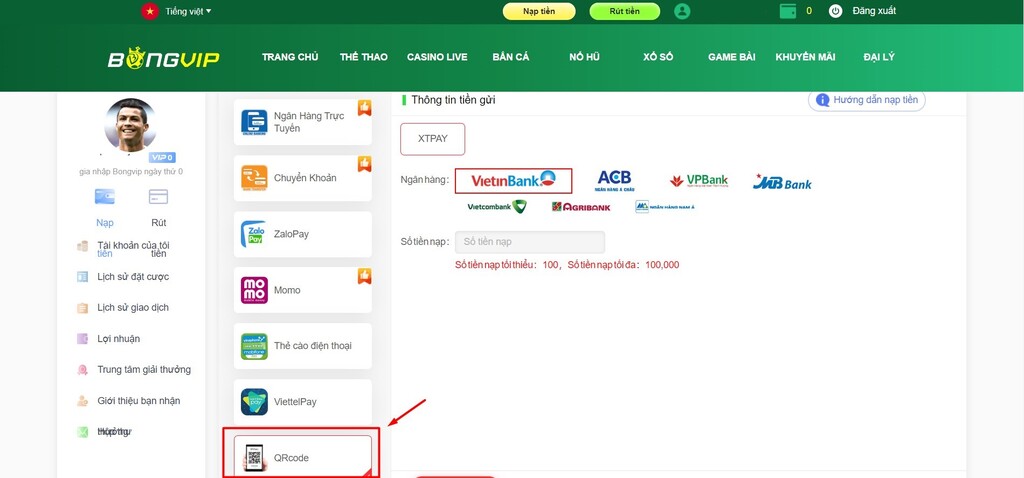 Giao diện nạp tiền Bongvip thông qua mã QR code