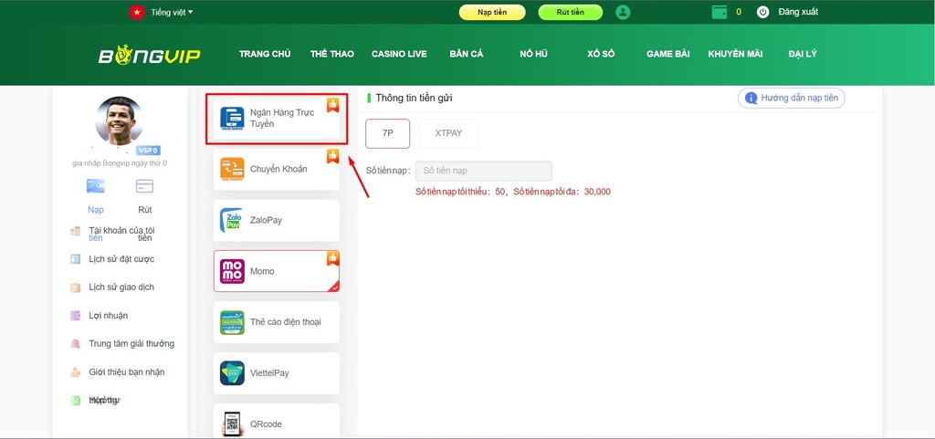 Giao diện nạp tiền Bongvip thông qua ngân hàng trực tuyến