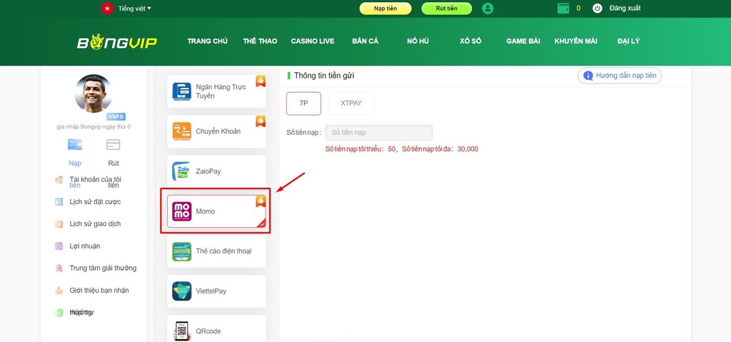 Giao diện nạp tiền Bongvip thông qua ví Momo